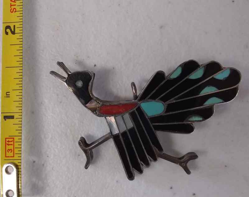 Native American Roadrunner Inlaid Brooch Pendant