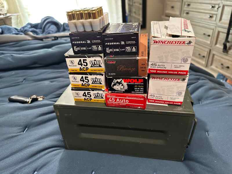 45 acp ammo. Assorted. 450 ish rounds. 
