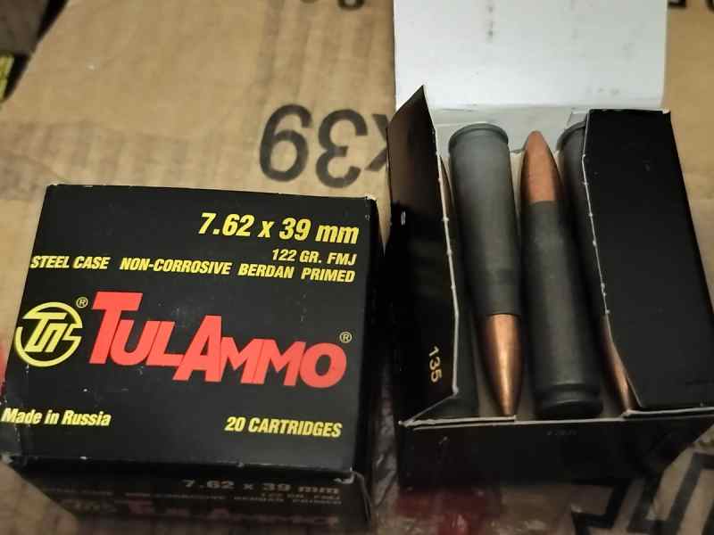 7.62x39 ammo 500 rds Tulammo Tula FMJ 122 GR Steel