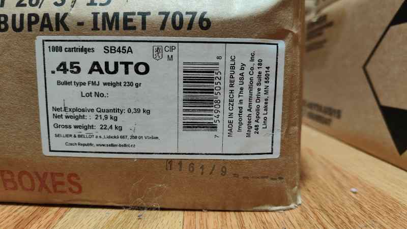 1000 rounds .45 ACP 45 FMJ 230gr S&amp;B